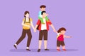 Cartoon flat style drawing happy family is hiking, traveling, trekking in the forest. Father, mother and children hiking and