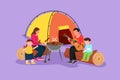 Cartoon flat style drawing of happy hiker family sit by campfire. Tourists, campers. Dad playing guitar, mom and kids fry meat