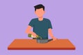 Cartoon flat style drawing happy husband pouring cooking oil from bottle into frying pan on stove. Prepare food at cozy kitchen. Royalty Free Stock Photo