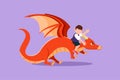 Cartoon flat style drawing happy little boy flying with fantasy dragon. Bravery child fly and sitting on back dragon at the sky.