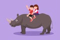 Cartoon flat style drawing happy little boy and girl riding rhino rhinoceros together. Children sitting on back rhinoceros in zoo