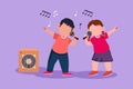 Cartoon flat style drawing happy little boy and girl sing song at school festival. Happy kids with good performance on stage. Royalty Free Stock Photo