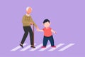 Cartoon flat style drawing happy little boy helps grandfather cross road. Courteous kind kid taking old man across road, holding