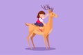 Cartoon flat style drawing happy little girl riding deer in zoo. Brave child sitting on back deer with saddle in ranch ground.