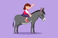 Cartoon flat style drawing happy little girl riding donkey at outdoor. Child sitting on back donkey with saddle in ranch park. Royalty Free Stock Photo