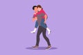 Cartoon flat style drawing happy man carry girlfriend on his back. Romantic couple in love. Relationship concept in always