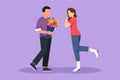 Cartoon flat style drawing happy man making proposal marriage to pretty woman with bouquet. Boy surprises his girl and giving Royalty Free Stock Photo