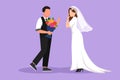 Cartoon flat style drawing happy man making proposal marriage to woman with bouquet. Boy surprises his girl wearing wedding dress Royalty Free Stock Photo