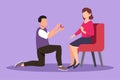 Cartoon flat style drawing happy man proposes to woman sitting on chair and gives ring. Cute couple getting ready for wedding. Royalty Free Stock Photo