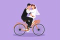 Cartoon flat style drawing happy married man and beauty woman riding bicycle face to face in wedding day. Cute romantic couple Royalty Free Stock Photo