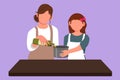 Cartoon flat style drawing of happy mother and her little daughter pour oil into pan which is being held by one of them. Cooking