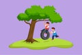 Cartoon flat style drawing of happy two little boys playing tire swing under tree. Cute kids swinging on tire hanging from tree. Royalty Free Stock Photo