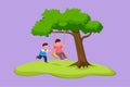 Cartoon flat style drawing of happy two little boys playing on tree swing. Cheerful kids on swinging under a tree at school.