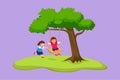 Cartoon flat style drawing of happy two little girls playing on tree swing. Cheerful kids on swinging under a tree at school. Royalty Free Stock Photo