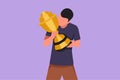 Cartoon flat style drawing happy young male athlete wearing jersey kissing national sports competition championship trophy. Proud