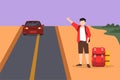 Cartoon flat style drawing hitchhiking man with luggage and thumbs up waiting for car by roadside. Smiling man thumbing or