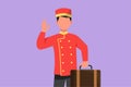 Cartoon flat style drawing hotel doorman in uniform held suitcase with okay pose. Ready to serve guests in friendly and warm