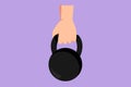 Cartoon flat style drawing of kettlebell weight. Hand lifted kettlebell. Stay strong. Gym, fitness label. Athletic sportsman arm