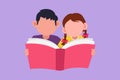 Cartoon flat style drawing kids, boy and girls reading book on table together. Open mind with read book. Source of knowledge. Royalty Free Stock Photo