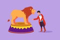 Cartoon flat style drawing lion standing on a circus chair or stage while following the instructions of his trainer. A very