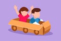 Cartoon flat style drawing little boy and girl driving with cardboard car. Happy child ride on toy car made of cardboard. Creative Royalty Free Stock Photo