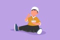 Cartoon flat style drawing little boy having cereal for breakfast. Happy Arabian kid eating cereal flakes sitting on floor. Royalty Free Stock Photo