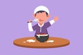 Cartoon flat style drawing little boy having cereal for breakfast. Happy Arabian kid eating cereal flakes sitting at table. Royalty Free Stock Photo