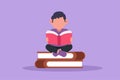 Cartoon flat style drawing little boy reading, learning and sitting on big books. Studying in library. Smart student sitting on