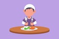 Cartoon flat style drawing little kid eating healthy morning breakfast. Happy Arabian child eat delicious food with fried chicken