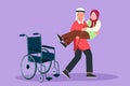 Cartoon flat style drawing loving Arabian son took his old disabled mother from wheelchair carrying her in his arms. Happy senior Royalty Free Stock Photo