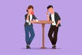 Cartoon flat style drawing loving couple is drinking coffee and stand at table in cafe. Friends or colleagues meeting in bistro, Royalty Free Stock Photo