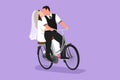 Cartoon flat style drawing loving married couple cycling. Romantic human relations, love story, newlywed family in honeymoon