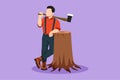 Cartoon flat style drawing lumberjack lean on the wood log. Wearing shirt, jeans and boots. Holding on his shoulder a ax.