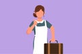 Cartoon flat style drawing maid in hotel holding suitcase with thumbs up gesture. Work deftly to clean and prepare sheet bed in