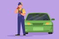 Cartoon flat style drawing male mechanic standing in front of car with call me gesture and holding wrench to perform maintenance Royalty Free Stock Photo