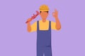 Cartoon flat style drawing male plumber holding monkey wrench and wear helmet with okay gesture, ready to work on repairing Royalty Free Stock Photo