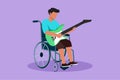 Cartoon flat style drawing male sitting in wheelchair playing electric guitar and sing a song. Guitarist person in hospital room