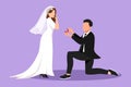 Cartoon flat style drawing man kneeling holding engagement ring proposing woman marry him marriage with wedding dress. Guy on