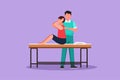 Cartoon flat style drawing of man sitting on massage table masseur doing healing treatment massaging injured patient manual