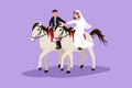Cartoon flat style drawing married couple riding horses hand in hand with wedding dress. Man making proposal marriage to beauty Royalty Free Stock Photo