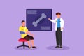 Cartoon flat style drawing medical doctor showing x-ray picture with limb fracture to male patient with broken arm photo. Royalty Free Stock Photo