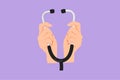 Cartoon flat style drawing medical equipment with hands holding stethoscope. Doctor hands raised up and holding stethoscope Royalty Free Stock Photo