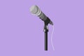 Cartoon flat style drawing of modern microphone on mic stand icon, logo. Mic on stand in musical television show. Singer karaoke