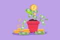 Cartoon flat style drawing money tree logo, icon, symbol. Green cash banknotes with golden coins. Tree in ceramic pot. Concept of Royalty Free Stock Photo