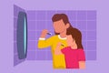 Cartoon flat style drawing mother and daughter holding toothbrushes and brush their teeth while looking at mirror in bathroom.