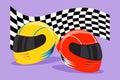 Cartoon flat style drawing motor racing helmet with closed glass visor and flag. For car and motorcycle sport, race, motocross or Royalty Free Stock Photo