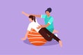 Cartoon flat style drawing physiotherapy rehabilitation isometric composition with female patient lying on rubber ball with