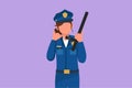 Cartoon flat style drawing policewoman holding police baton with call me gesture and in full uniform ready to enforce traffic