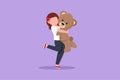 Cartoon flat style drawing portrait of expressive little girl hugging her plush bear friend. Little girl playing with teddy bear. Royalty Free Stock Photo