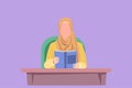 Cartoon flat style drawing pretty Arabian girl reading book, education. Woman student sitting at desk to read literary work, story Royalty Free Stock Photo